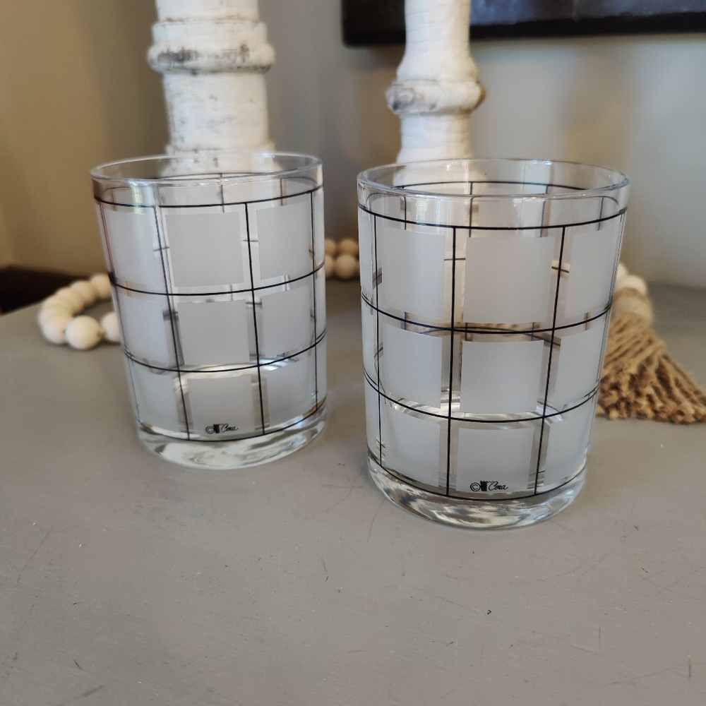 Cera Signed MCM Frosted Window Pane Double Old Fashioned Glasses - Set of 2